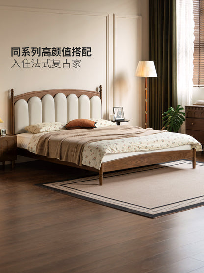 实木床法式真皮床卧室复古黑胡桃木软靠床中古风大床