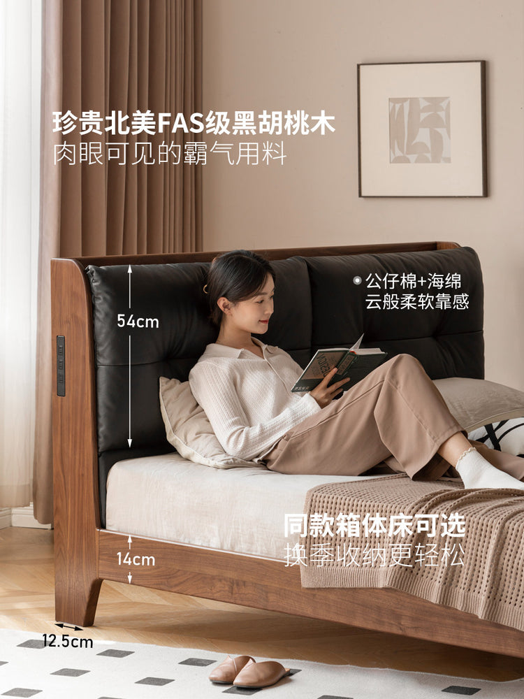 实木床真皮软包床简约黑胡桃木卧室双人床轻奢大床
