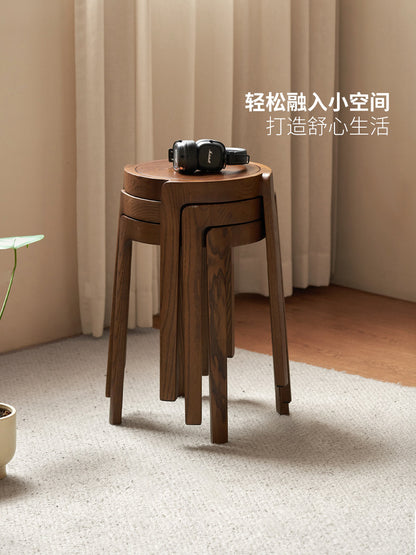 实木叠凳现代餐厅叠放凳胡桃色简约原木凳子圆凳