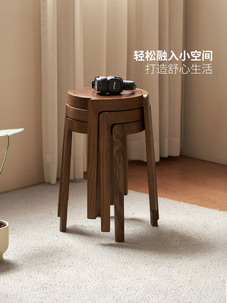实木叠凳现代餐厅叠放凳胡桃色简约原木凳子圆凳