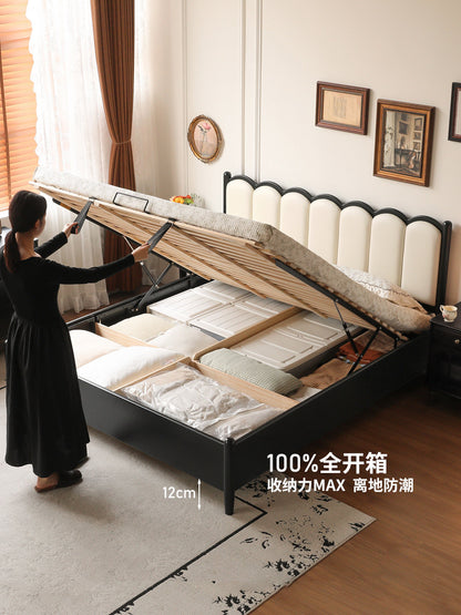 实木床法式复古软包储物床卧室中古风双人床黑色箱体床