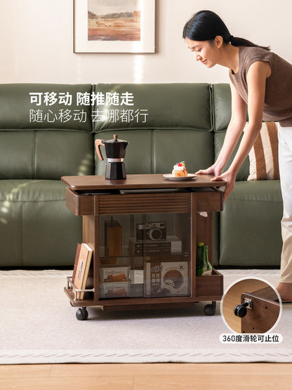 实木升边几客厅意式轻奢沙发边桌黑胡桃木小茶几移动推车