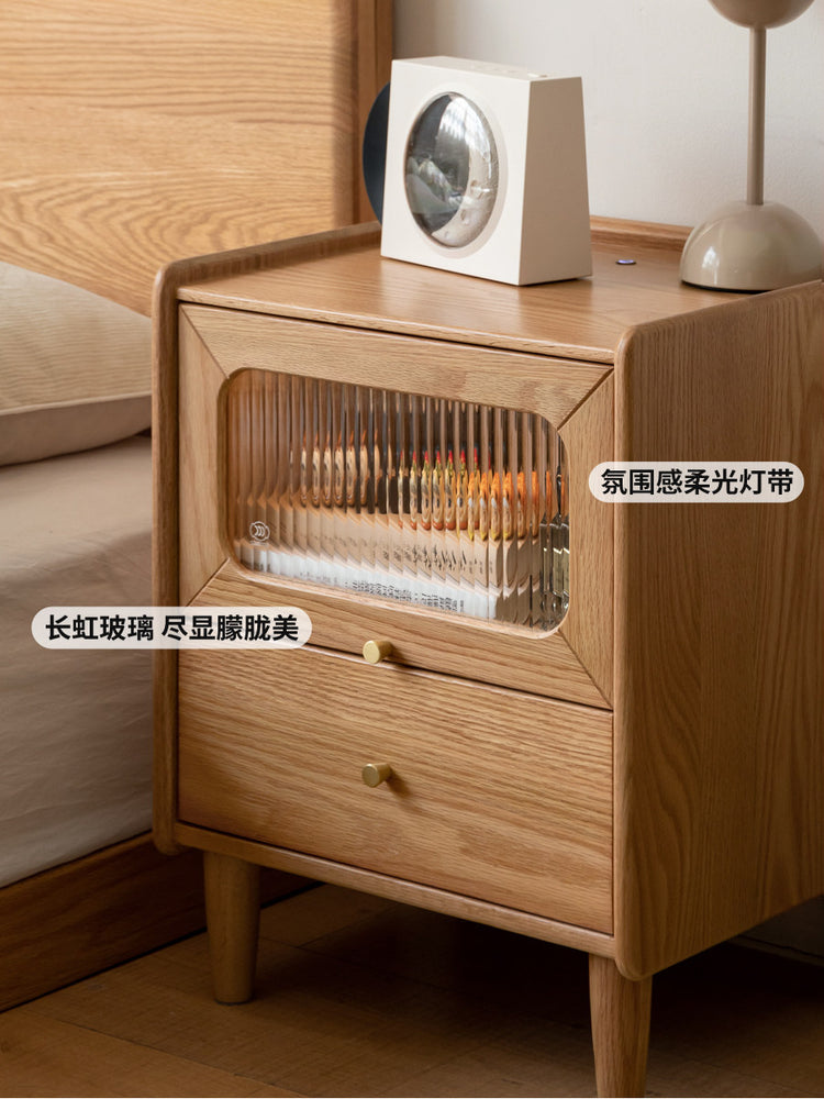 实木床头柜卧室带灯床边柜橡木原木风小柜子储物柜