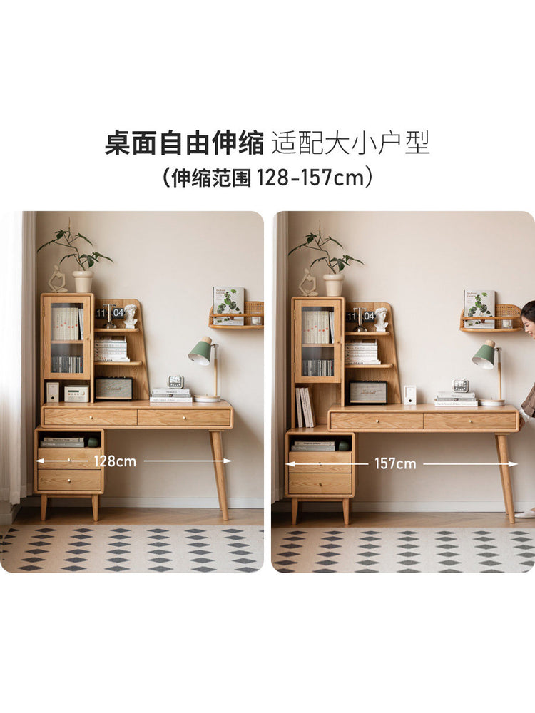 实木伸缩书桌书架组合转角办公桌书柜一体简约橡木电脑桌