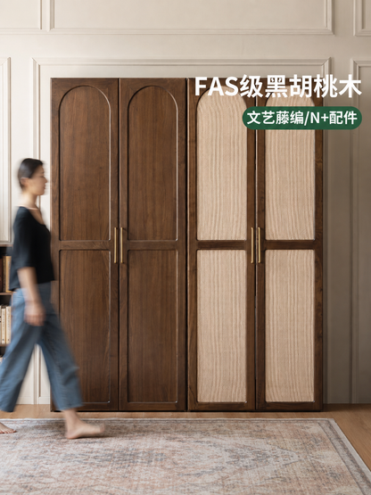 实木衣柜卧室黑胡桃木衣橱中古风藤编门储物收纳柜