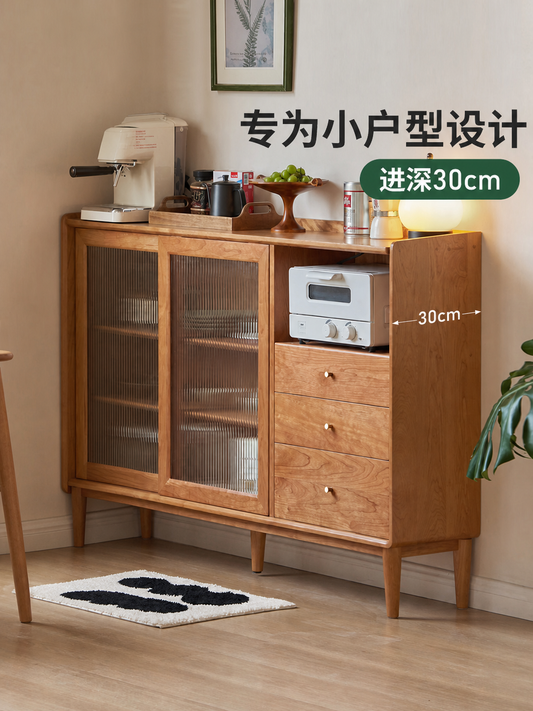 实木餐边柜中古风超薄厨房储物柜樱桃木小户型茶水柜边柜