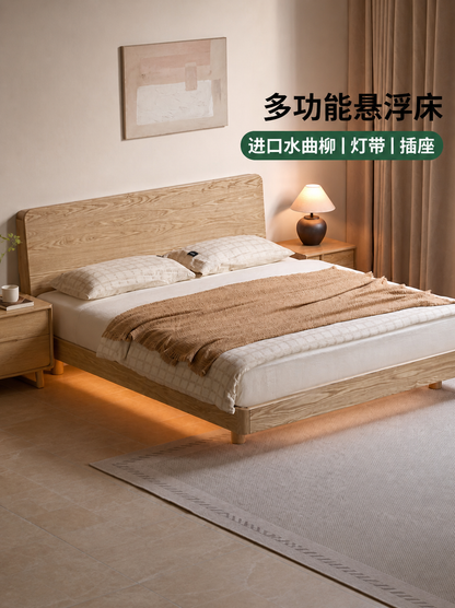 实木床现代简约大板床卧室多功能夜光床原木风悬浮床