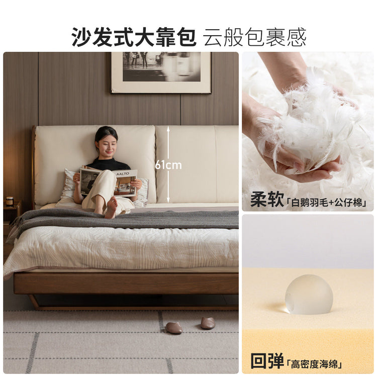 实木床意式轻奢真皮床卧室胡桃色软包床互不打扰大床