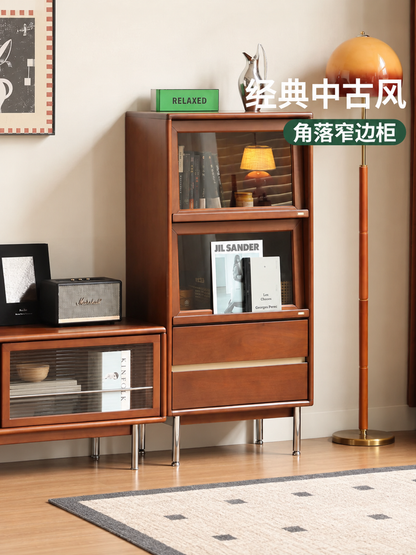 实木边柜客厅电视柜窄柜中古风收纳展示柜一体翻门柜