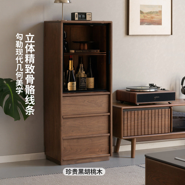 实木边柜黑胡桃木带灯展示柜落地储物柜客厅小户型立柜