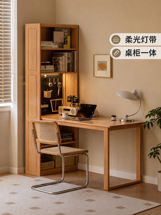 实木书桌书柜一体现代简约洞洞板办公桌书房橡木桌子