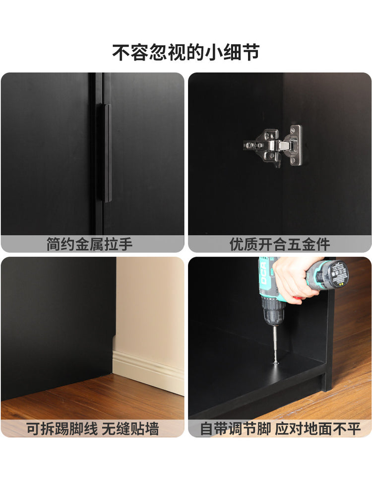 实木衣柜现代简约黑色衣橱卧室开门储物柜带灯落地柜