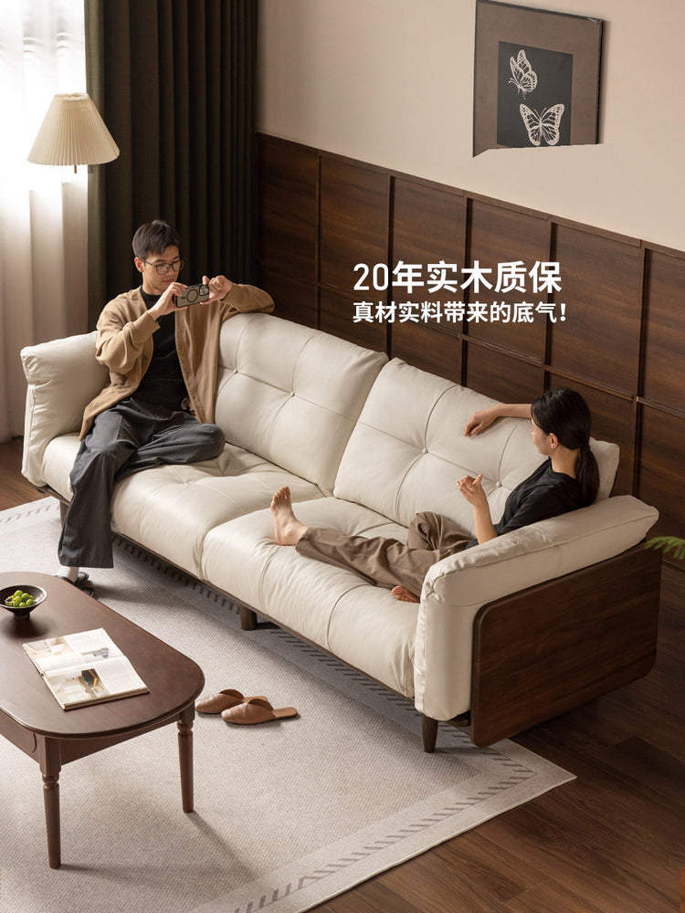 实木客厅意式轻奢真皮沙发三人位黑胡桃木沙发