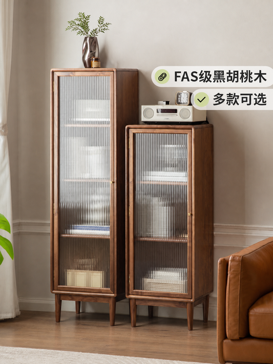 实木窄边柜现代简约黑胡桃木书柜小户型客厅高储物柜