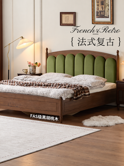 实木床法式复古真皮床卧室黑胡桃木琴键床离地箱体床