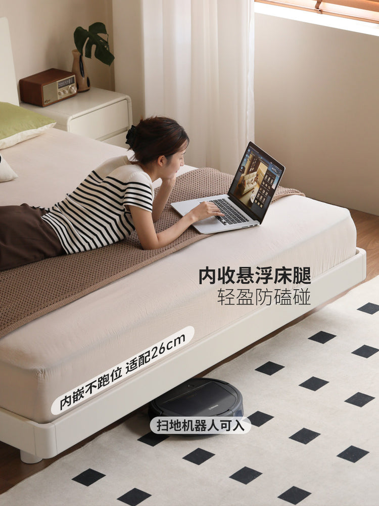 实木床奶油风家具卧室悬浮床简约夜光双人床白色大床
