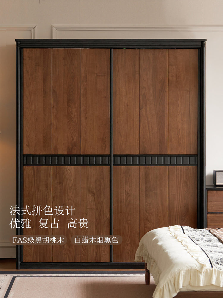 实木衣柜法式复古拼色衣橱卧室黑胡桃木收纳储物柜