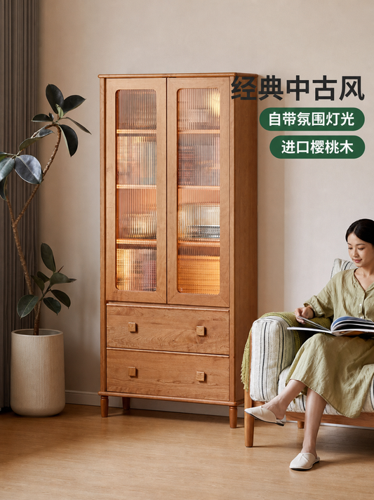 实木书柜樱桃木收纳展示柜书房中古风一体储物柜书橱