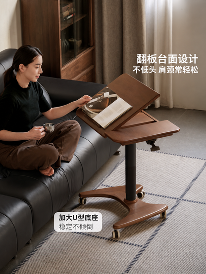 实木书桌橡木移动床边桌客厅小桌子胡桃色气动升降学习桌