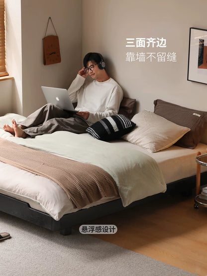 现代简约实木床黑色无床头榻榻米卧室家具带灯悬浮双人床