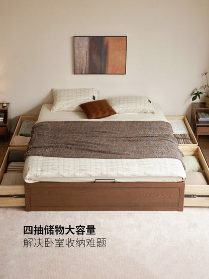 实木床现代简约储物抽屉床卧室橡木胡桃色榻榻米床
