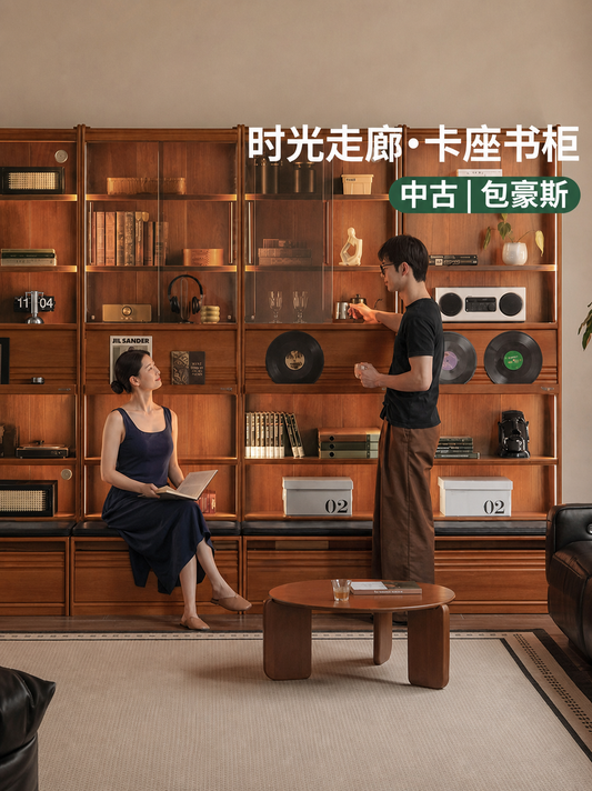 实木组合书柜中古风书房置物柜落地收纳柜复古展示柜