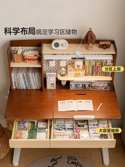 实木儿童学习桌复古风升降桌书桌小学生书架带灯一体桌子