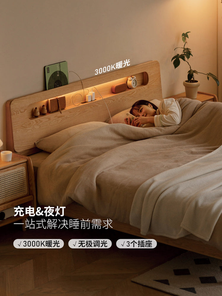 实木床橡木双人床卧室家具北欧带插座夜光大床置物床