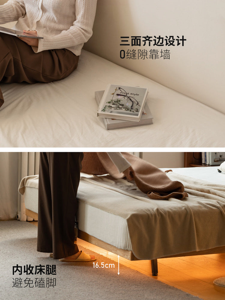 实木床软包床简约带灯悬浮床双人床小户型橡木极简黑色床