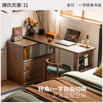 实木书桌书柜一体黑胡桃木书房转角办公桌中古风化妆桌