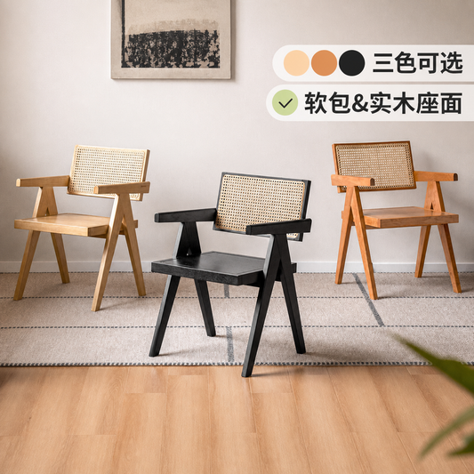 实木餐椅餐厅轻奢藤编椅靠背椅软包扶手椅休闲椅子