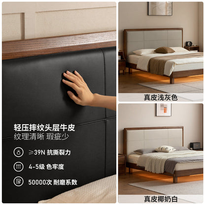 实木床意式轻奢真皮床卧室橡木软靠床多功能夜光床