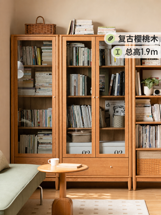 实木书柜整墙自由组合书架陈列柜展示柜复古樱桃木柜子
