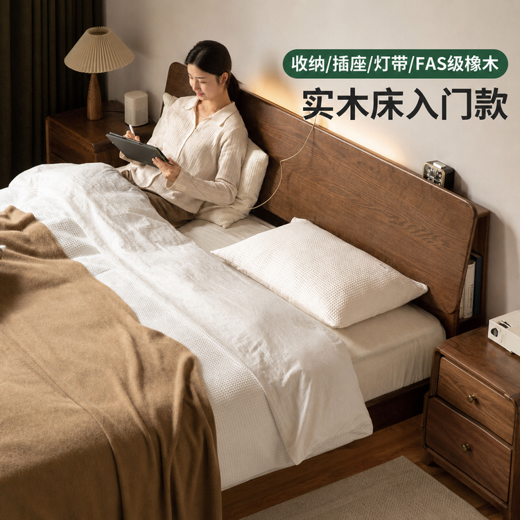 实木床现代简约橡木胡桃色大床北欧小户型卧室家具单人床