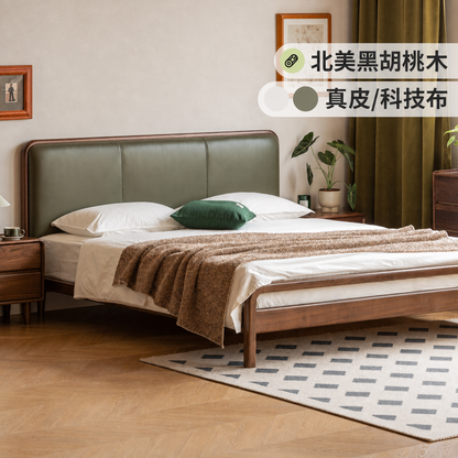 实木复古双人床黑胡桃木软包床现代大板床1.8米卧室家具