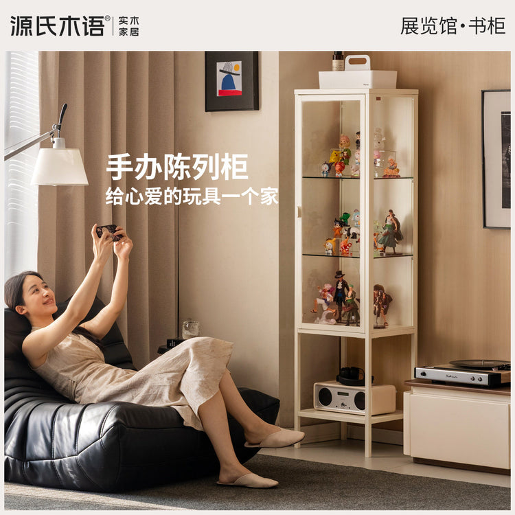 书柜奶油风白色展示柜小户型书房置物柜玻璃收纳柜