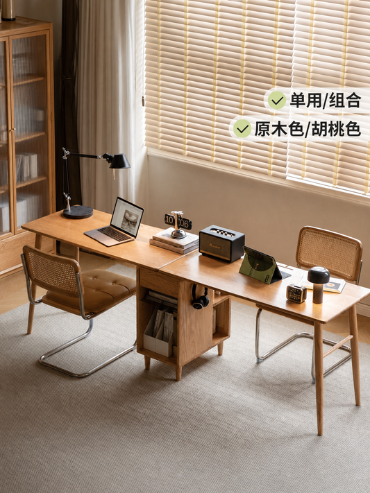 实木双人书桌书柜组合原木学习桌简约电脑桌长条桌窄桌子