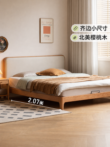 实木床布艺床双人床现代简约樱桃木科技布软包床卧室大床
