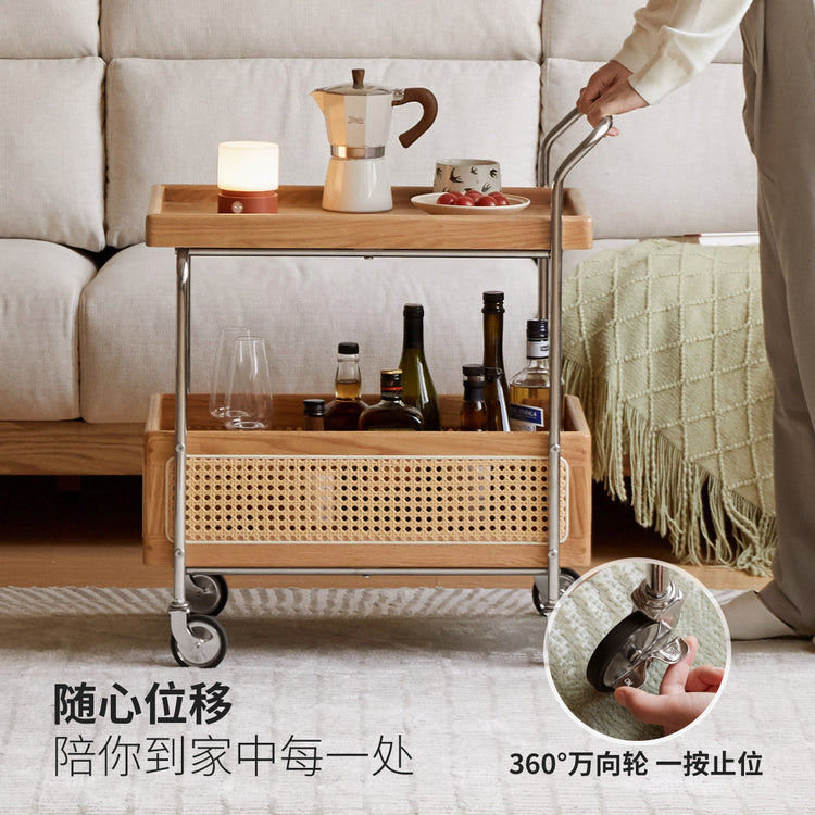 实木边几客厅现代简约双层置物小茶几藤编移动小推车