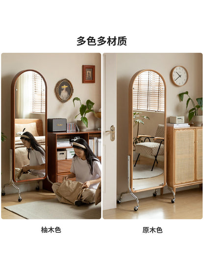 实木穿衣镜卧室复古全身镜杂志架一体樱桃木试衣镜
