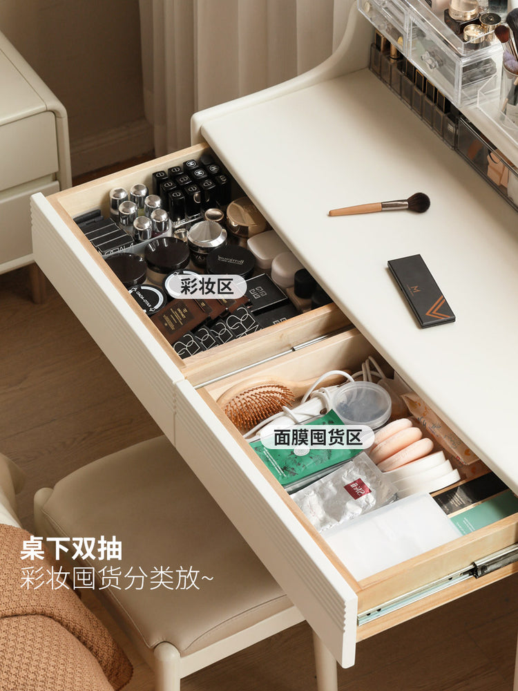 全实木梳妆台奶油风化妆桌电脑桌一体现代简约白色化妆台