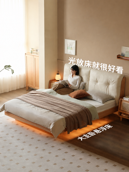 实木床双人床家居现代简约真皮软包床橡木原木悬浮床大床