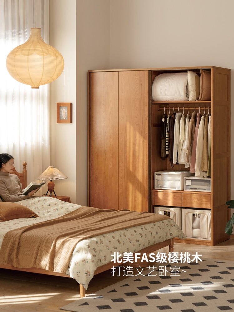 实木移门衣柜卧室推拉门大衣橱复古樱桃木滑门柜子
