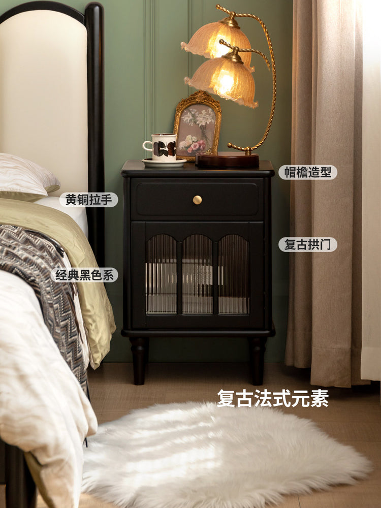 实木床头柜法式复古风床边柜卧室小柜子黑色储物柜