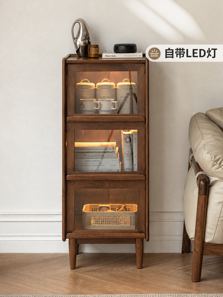 实木边柜现代简约客厅玻璃翻门展示柜黑胡桃木高脚置物柜