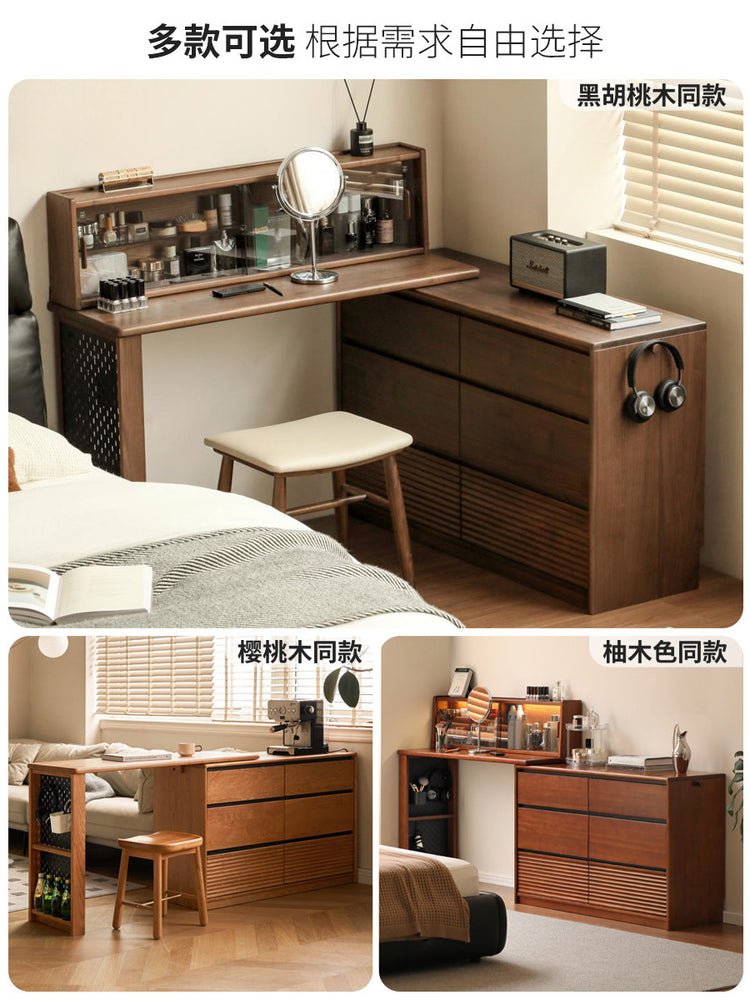 实木化妆桌现代简约橡木伸缩斗柜梳妆台卧室转角化妆台
