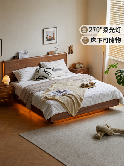 实木床黑胡桃木轻奢悬浮床高箱床夜光储物床收纳床双人床