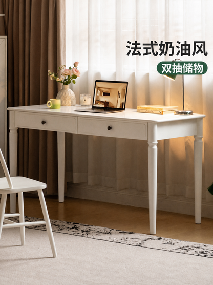 实木书桌法式奶油书房办公桌化妆桌复古白色电脑桌子