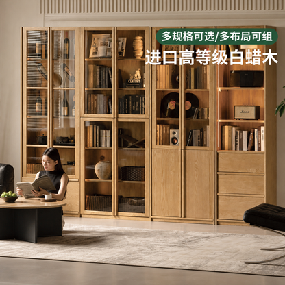 实木书柜书房简约储物柜靠墙一体白蜡木骨骼线收纳展示柜