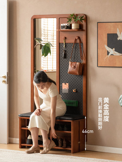 实木换鞋凳客厅中古风门口多功能玄关柜挂衣架一体